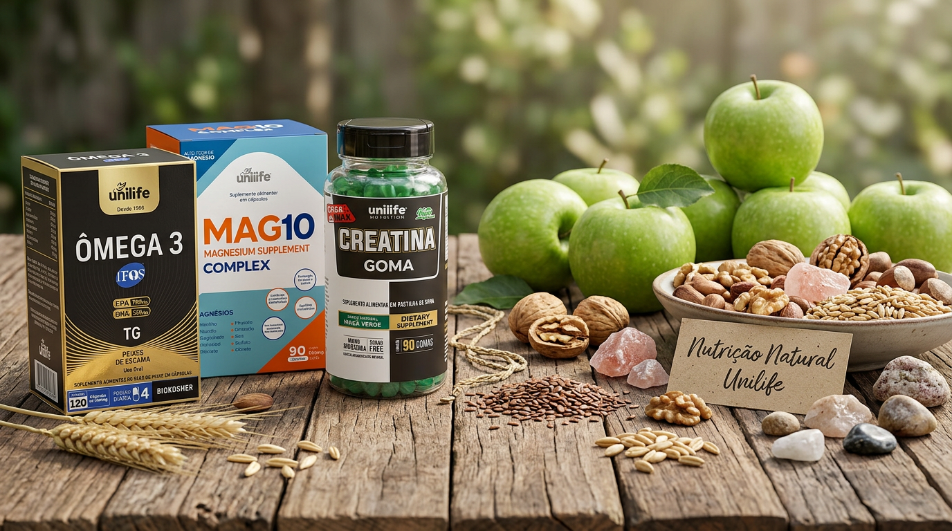 Linha de suplementos Unilife — Ômega 3, Mag10 e Creatina
